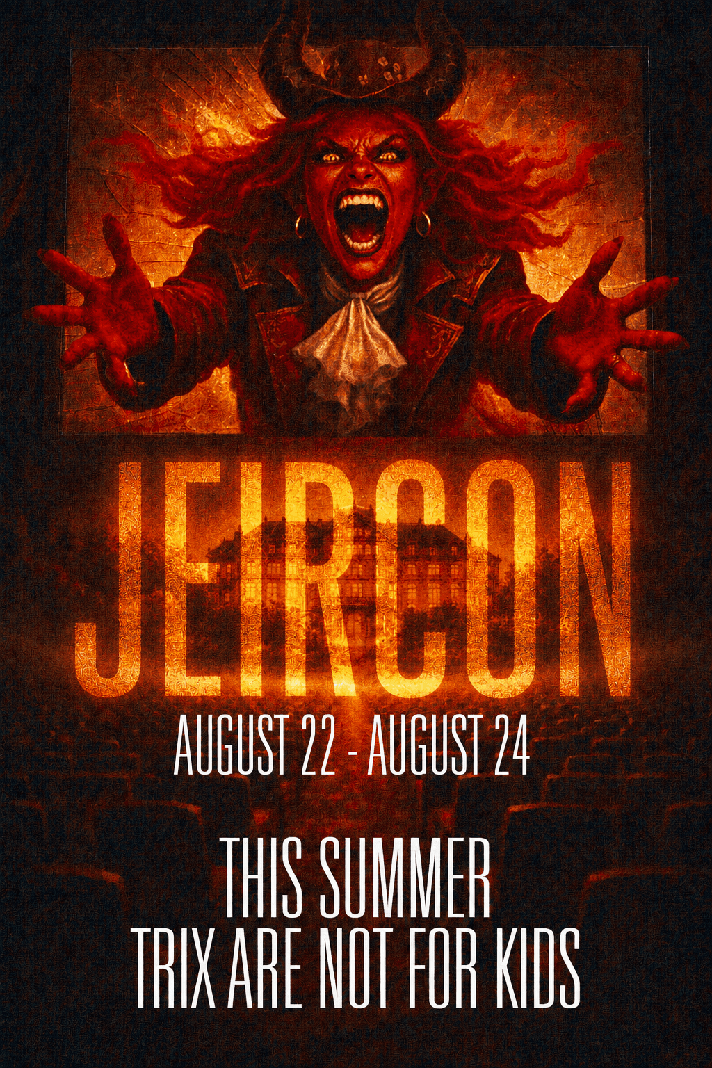 Jeircon poster showing Trixie reaching toward the viewer in red theatrical light.